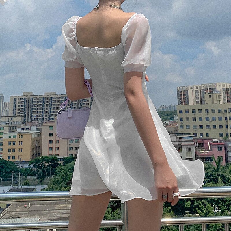 Fashion Women Summer Sundress Dress Harajuku Korean Style Sexy Fairy Chiffon White Mini Dress Casual Cute Kawaii Woman Clothes