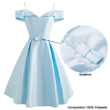 Spaghetti Strap Vintage Dress Light Blue Bow Front Solid Women Short Sleeve Elegant Ladies Formal Party Sling Vestidos
