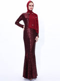 Ramadan Sequins Arab Slim Muslim Dress Floor-Length Prom Gowns Full-Sleeve Mermaid O-neck Vestios