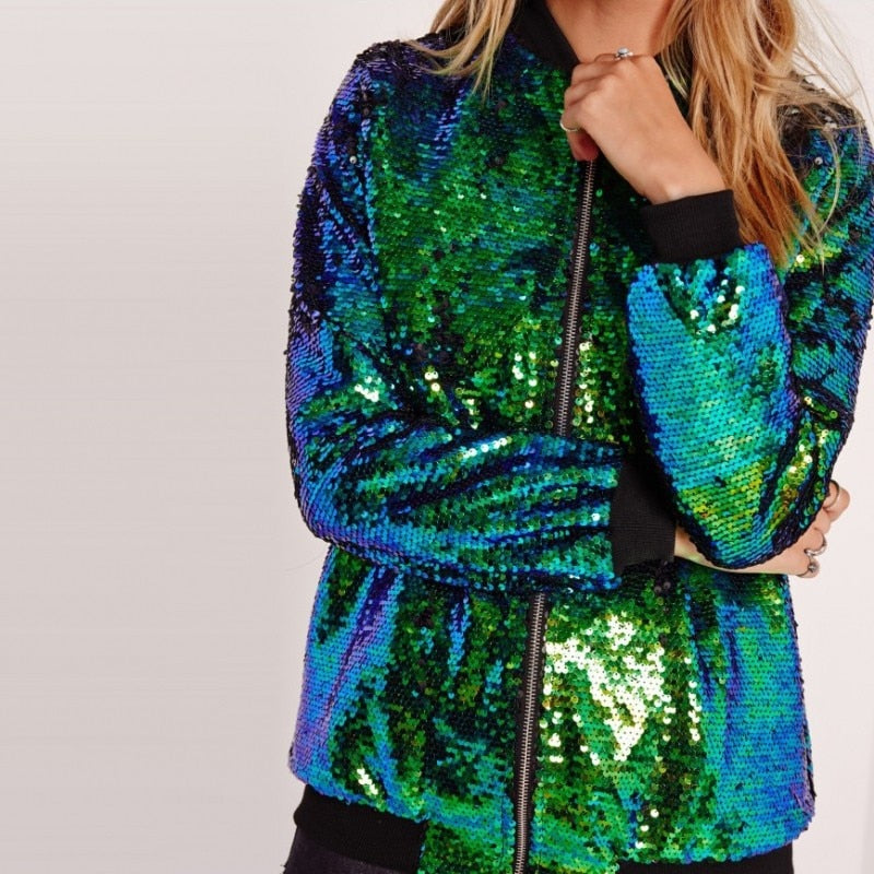 Sequins Bomber Jacket Female Glitter Basic Coat Autumn Women Streetwear Tunic Preppy Lady Outwear