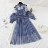 Spring Autumn Floral Embroidery Applique Sweet Tulle Mesh Dress Lantern Sleeve Elegant Midi Dress