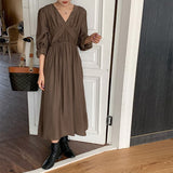 Gathered Chic Elegant Vintage Dress V Neck Long Sleeve Belted Midi Dress