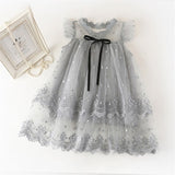 Girls Christmas Dresses for Kids Pink Lace Mesh Flower Embroidery Bowknot Princess Dress Children Cute Wedding Party Clothes