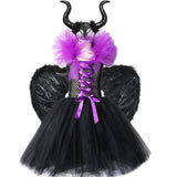 Evil Queen Costume Girls Tutu Dress Long Kids Halloween Costumes Horns Wings Children Clothing Little Girl Carnival