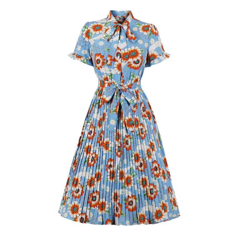 Vintage Style Floral Summer Elegant Women Tie Neck Button Up Short Sleeve Midi Pleated Dresses with Belt