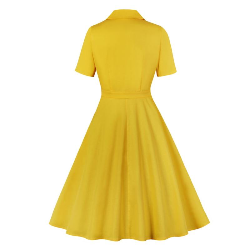 2021 Notched Collar Yellow Vintage Style Women 50s Retro Cotton Dresses Fabric Summer Short Sleeve A Line Solid Rockabilly Dress