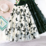 Women Mesh High Waist A-Line Tutu Butterfly Embroidered Sweet Skirts Girl Streetwear