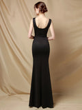 Women See Through Crystal Formal Black Party Maxi Dress Soft Satin V Neck Slit Evening Dress Long Prom Dress