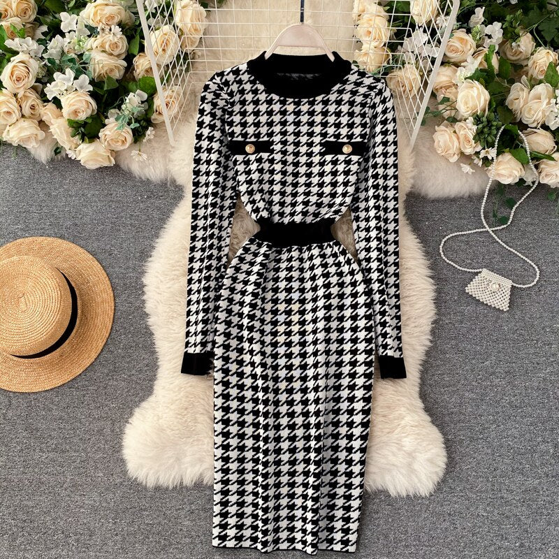Autumn Winter Knitted Dresses Women Houndstooth Buttons Office Lady Elegant Midi Dress Back Slit Sexy Bodycon Dress