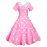 Women Polka Dot Vintage Short Sleeve Summer Swing Robe Female A Line Casual Dress