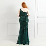 Plus Size Elegant One Shoulder Green Long Sequin Evening Dress New Women Party Dress Wedding Wear