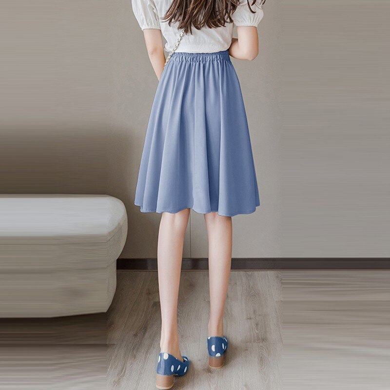 Women High Waist Knee-length Casual Skirts Fashion Korean Style Solid Color Ladies Elegant A-line Skirt
