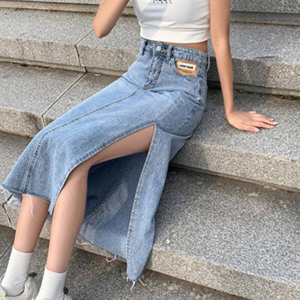 Jeans Long Goth Denim Maxi Skirt Side Slit Women Summer Punk Black Faldas High Waist Korean Streetwear