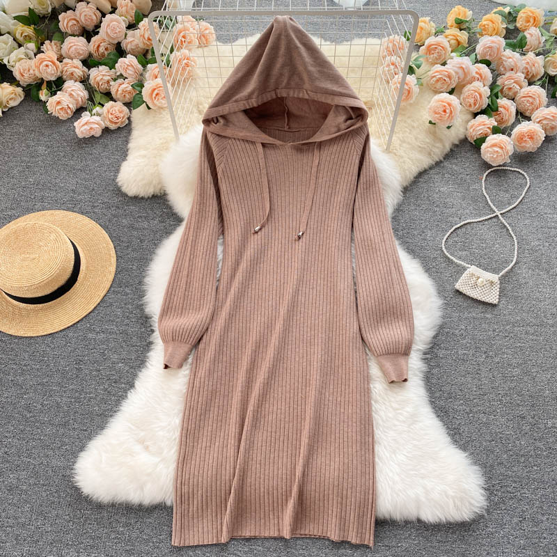 Autumn Winter Warm Hooded Long Sleeve Loose Casual Sweater Dress Ribbed Knitted Elegant Midi Dress