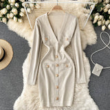 Autumn Winter Long Sleeve Office Elegant Knitted Dress Women Button Embellished Deep V Neck Sexy Mini Bodycon Dress