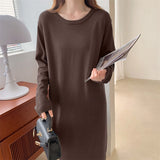 Crew Neck Long Sleeve Basic Casual Knitted Dress Fall Winter Side Slit Elegant Loose Midi Dress