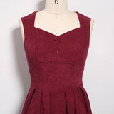 Button Front High Waist Pleated Corduroy Autumn Burgundy Elegant Party Women Sleeveless Vintage Dress