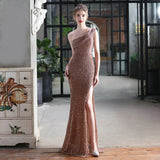 New One Shoulder Party Maxi Dress Sexy Slit Sequin Evening Dress