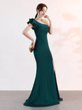 Formal Evening dress New Mermaid Ruffle Flounce One Shoulder stretch Long Prom dress Zipper back Sleeveless