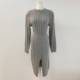 Casual O-Neck Cable Knitted Sweater Dress Winter Long Sleeve Elegant Front Slit Sexy Bodycon Dress