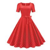Square Neck Vintage Polka Dot A Line Swing Thin Fabric Summer Short Sleeve Casual Belted Dress