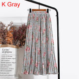 High Waist Floral Print Mid Calf Long Pleated Women Summer Vintage Elegant Chiffon Midi Skirt