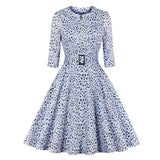 Zipper Front Leopard Print Rockabilly Elegant Vintage 3/4 Length Sleeve Cotton Dress with Belt
