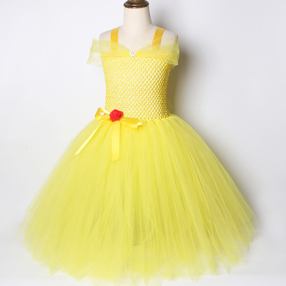 Yellow Belle Dress Girl Beauty and the Beast Inspired Princess Long Tutu Dress for Kids Birthday Party Cosplay Costumes Children