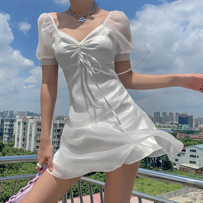 Fashion Women Summer Sundress Dress Harajuku Korean Style Sexy Fairy Chiffon White Mini Dress Casual Cute Kawaii Woman Clothes