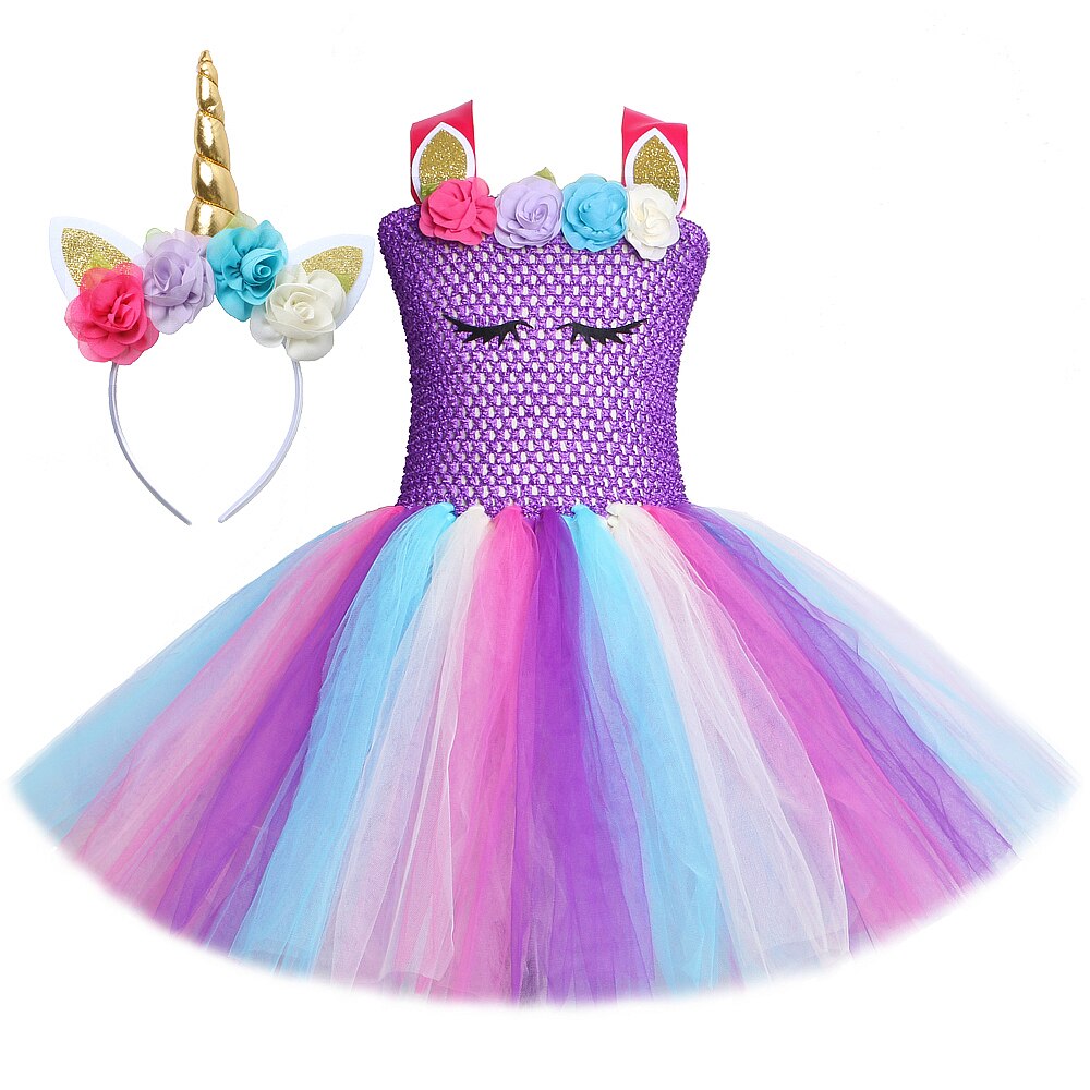 Unicorn Dress for Girls Kids Costumes Halloween Children Dresses Flowers Princess Girl Birthday Tutu Dress with Unicorn Headband