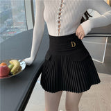 Kawaii Black Pleated Skirts Women High Waist Mini Skater Metal Letter D Design A-Line Clubwear Korean Streetwear Casual Skirts