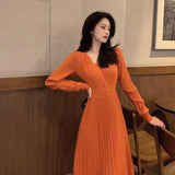 Spring Women High Waist V-Neck Long Sleeve Knitted Solid Slim A-Line Dress