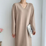 Solid Elegant Knitted Dress Autumn Winter V Neck Long Sleeve Casual Loose Midi Dress