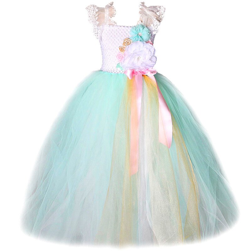 Lace Flower Girl Long Dress Wedding Birthday Tulle Dresses for Girls Princess Tutu Costumes Halloween Kids Turquoise Ball Gown