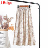 High Waist Floral Print Mid Calf Long Pleated Women Summer Vintage Elegant Chiffon Midi Skirt