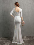 New White Long Slit Party Dress Women See-through Sequin Evening Dress