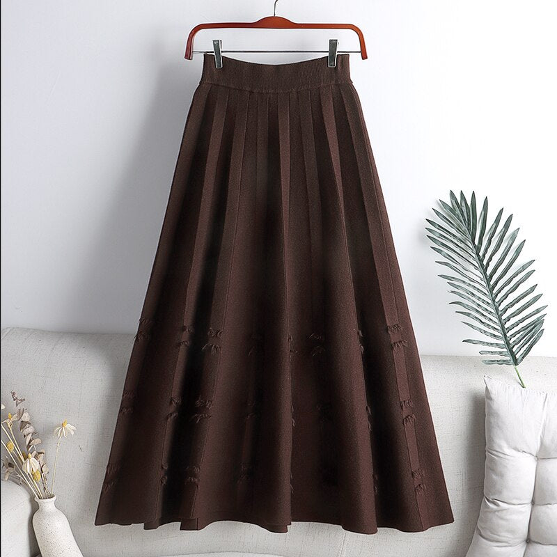 Women Winter Elastic High Waist Pleated Midi Skirt Frayed A Line Elegant Solid Knitted Skirts