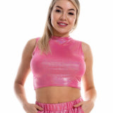 Shiny Holographic Metallic Tank Tops Vest Sexy Slim Turtleneck Sleeveless Crop Top Women Cropped Tops For Rave Club Dance
