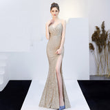 Sleeveless Sequins Evening Dress Sexy Backless Party Dress Spaghetti Straps Stretchy Formal Gowns Long Side Fork Robe