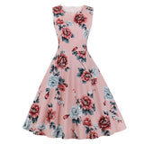 Floral Print 50s Pinup Vintage Sleeveless A Line Summer O Neck Casual Retro Style Cotton Dress