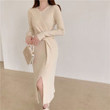 V Neck Long Sleeve Twist Ribbed Knitted Dress Fall Winter Front Slit Sexy Elegant Midi Dress