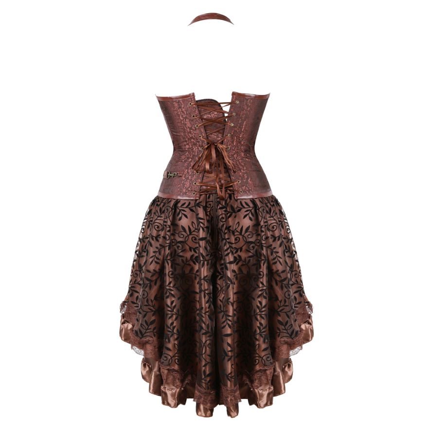Women Gothic Steampunk Corset Dress Pirate Costume PU Leather Corset Bustier Lingerie Top With Asymmetric Floral Lace Skirt Set