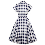 Women Cotton Short Sleeve Turn Down Collar Robe Pin Up Swing Blue Plaid Vintage Dress