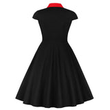 Women Cap Sleeve Black Red Patchwork Robe Pin Up Swing Office Button Dress With Pockets