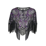 Women 1920s Flapper Embroidery Fringe Shawl Cover Up Gatsby Party Beaded Sequin Cape Vintage Mesh Scraf Wraps for Dresses