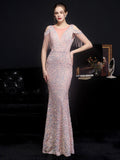 New Off Shoulder Party Bodycon Maxi Dress Elegant V Neck Gold Sequin Evening Dress