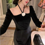 Winter Evening Party Dress Women Long Sleeve Black Velvet Midi Dress Lady Elegant Korean Fashion Slim Vintage Dress Bandage