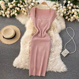 Spring Summer Short Cap Sleeve Knitted Sexy Bodycon Dress Back Slit Square Neck Casual Vintage Elegant Midi Dress