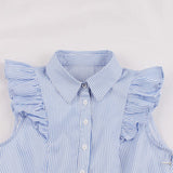 Blue Striped Shirt Ruffle Sleeve High Waist Robe Pin Up Swing Elegant Office Ladies Dress