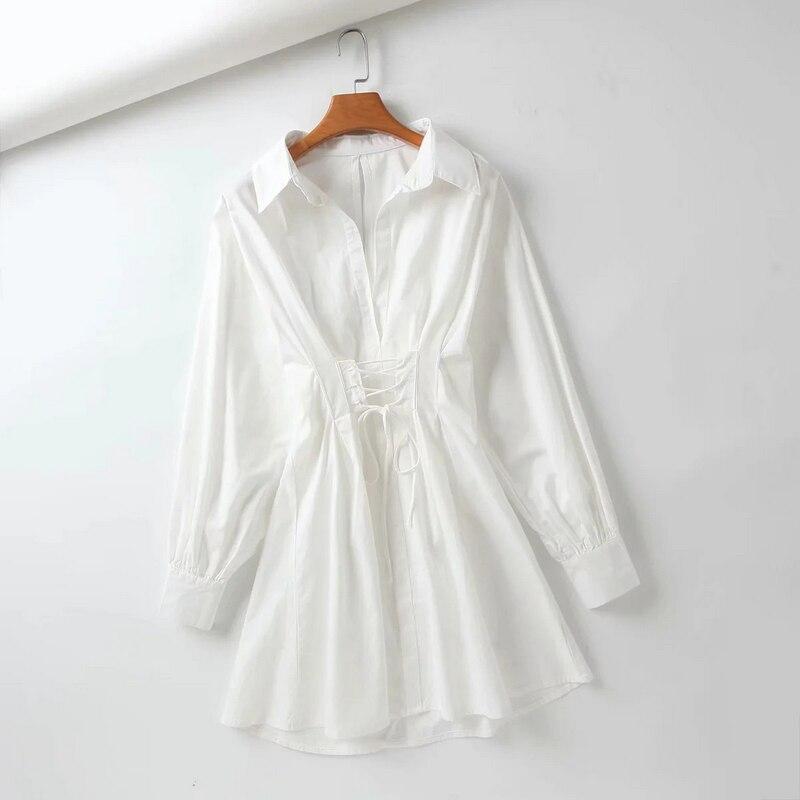 2021 Lace Up Office OL White Dresses Womens Turn-Down Collar Empire Solid Short Clothing Cotton Korean Shirt Dress Summer Autumn